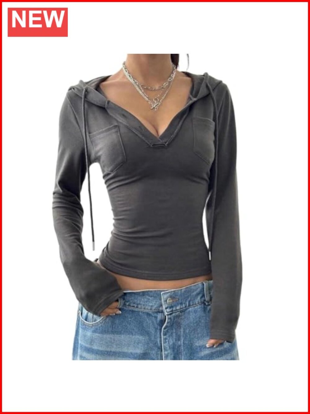 Womens Long Sleeve V Neck Cropped Hoodie Slim Fit Drawstring Pullover Sweatshirt